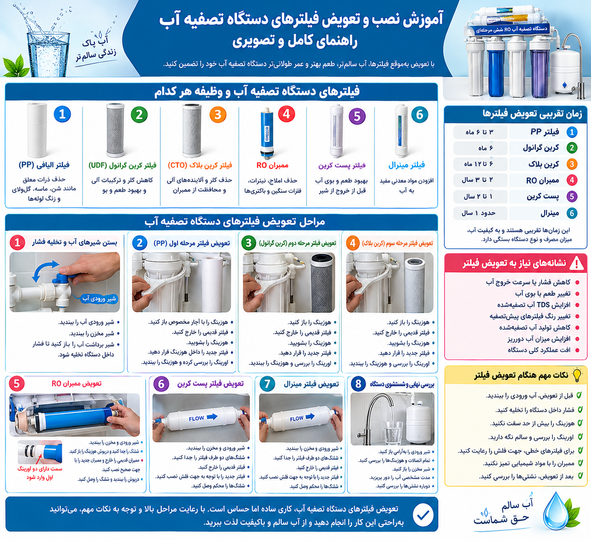 آموزش نصب و تعویض فیلتر دستگاه تصفیه آب + راهنمای تصویری